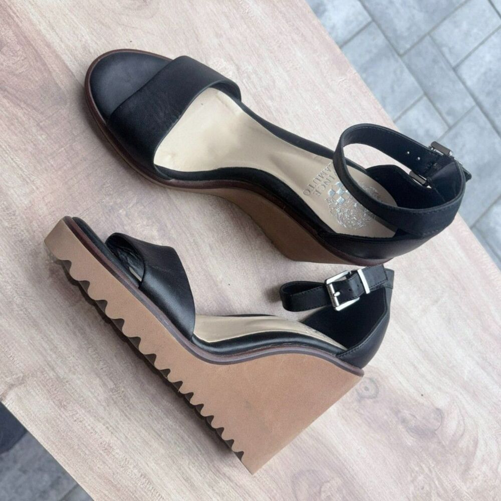 Vince Camuto Black Leather Ankle Strap Platform Wedge Sandals EU 39 / US 8.5